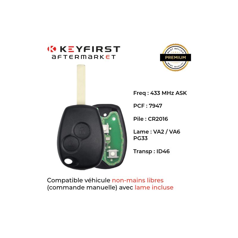 REN-CIR5B - Keyfirst Adaptable Key Compatible para Renault Kangoo de 2006 a 2016 - PCF 7947 - ID46 - VA2 - 433 MHZ